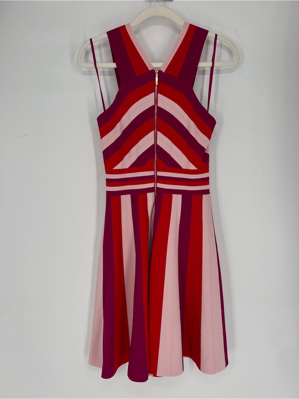 Ted Baker Colorful Red Pink Striped Fit & Flare Bandage Sleeveless Mini Dress 4 - Picture 5 of 8